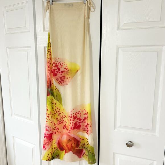 Murci Mesh Maxi Beach Skirt Floral Print Sheer Cover Up White Yellow Pink 2 - Picture 6 of 7